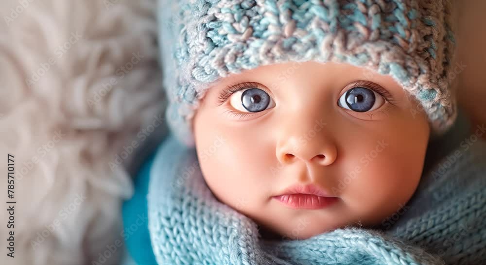 baby with big blue eyes wearing a knit cap and scarf, looking curiously at the camera. baby with big blue eyes wearing a knit cap and scarf, looking curiously at the camera.
