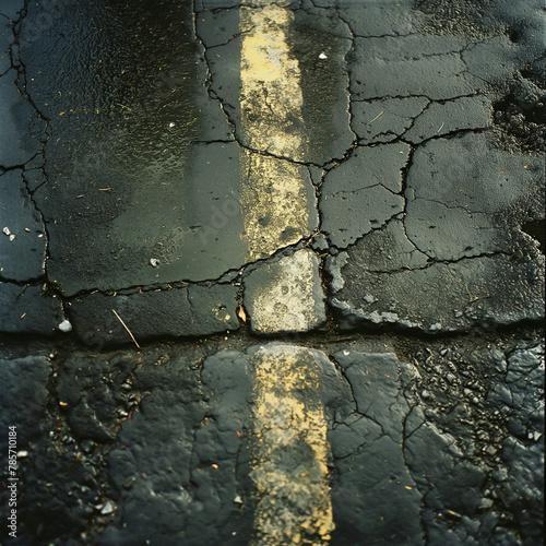 Old broken road or asphalt with yellow median strip
