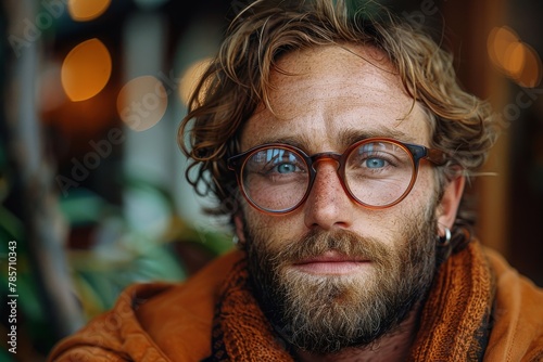 Portrait of a bearded man with captivating blue eyes wearing round glasses, exuding a rugged and introspective charm