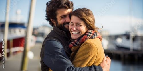 A young couple hugs in a marina on a pier against the backdrop of sailing yachts. Generative AI.