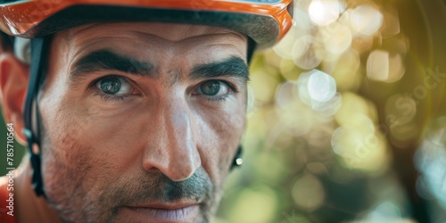 A bearded cyclist in a helmet and glasses smiles. Portrait of a biker in the park. Generative AI. © Mountains Hunter