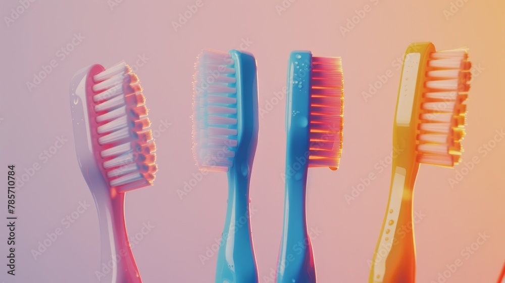Four toothbrushes of different colors are lined up next to each other. The colors are pink, blue, yellow, and green Four toothbrushes of different colors are lined up next to each other. The colors are pink, blue, yellow, and green