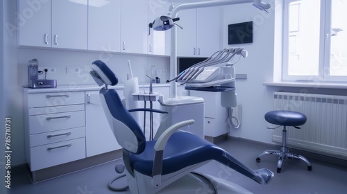 A clean and well-lit dental office with a blue chair and a white chair. The chairs are positioned in front of a counter with a TV mounted on the wall. There are several dental instruments