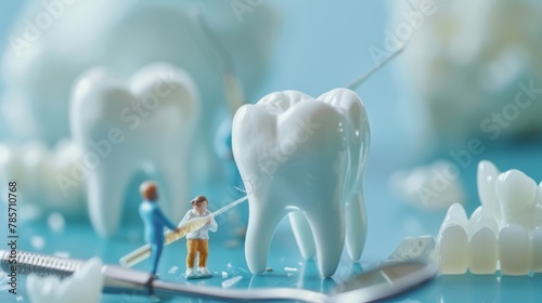 A small model of a tooth is on a table with a group of people. The people are holding dental tools and the tooth is missing a piece. Concept of dental care