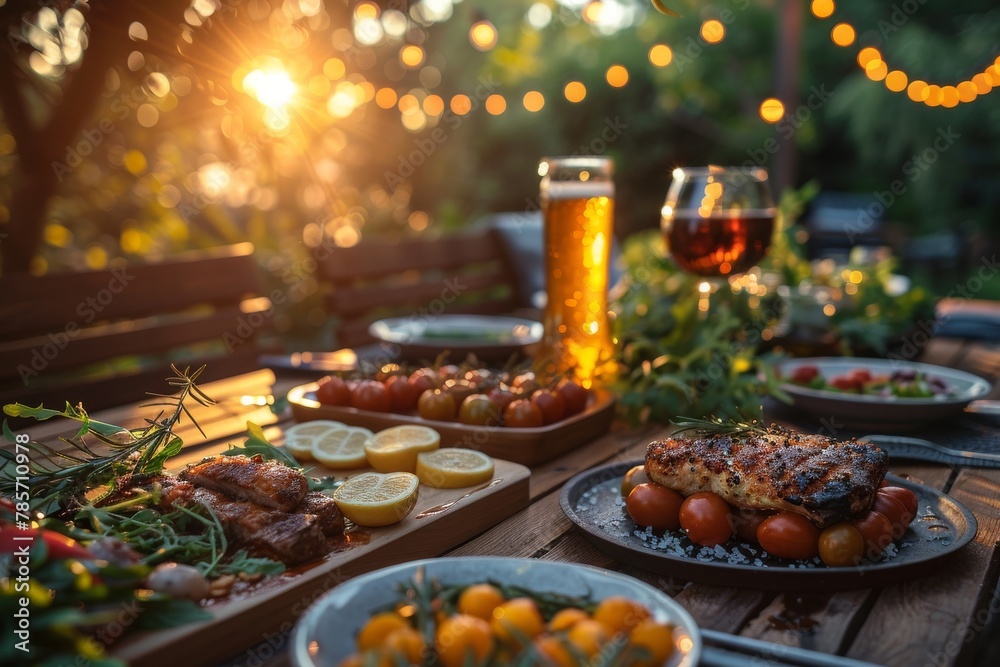 An enchanting evening meal setup with BBQ ribs, grilled salmon, fresh salads, and drinks amidst a warmly lit backyard An enchanting evening meal setup with BBQ ribs, grilled salmon, fresh salads, and drinks amidst a warmly lit backyard