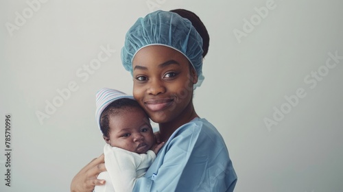 Experienced midwife holds newborn, warm hospital setting with blurred medical equipment, highlighting professional childbirth care. international midwives' day photo