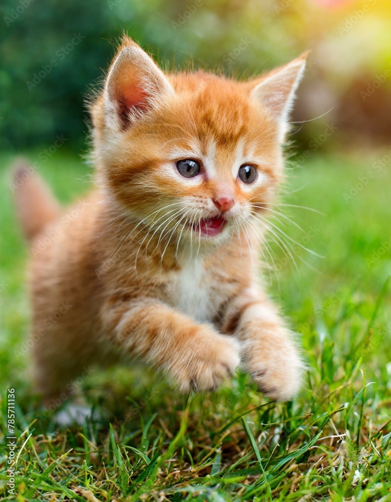 Little ginger kitten playing in the field