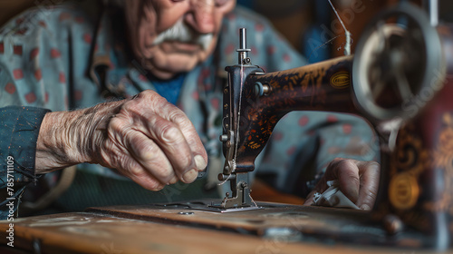 A senior using a vintage sewing machine to alter clothes blending tradition with necessity.