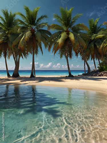 sandy shore  palm trees  a beach somewhere in the tropics.