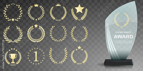 Glass award trophy set. Transparent prize template. Winner first place concept. Vector illustration. Winner glass trophy. First place award, crystal prize and signed acrylic trophies. Glass awarding t