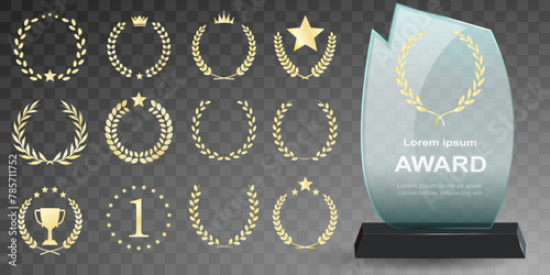 Glass award trophy set. Transparent prize template. Winner first place concept. Vector illustration. Winner glass trophy. First place award, crystal prize and signed acrylic trophies. Glass awarding t