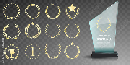 Glass award trophy set. Transparent prize template. Winner first place concept. Vector illustration. Winner glass trophy. First place award, crystal prize and signed acrylic trophies. Glass awarding t