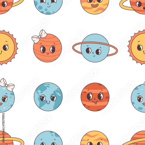 Seamless pattern with planets and space. Trendy groovy cartoon planet characters. Vector illustration in flat style