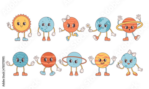 Trendy cartoon groovy planet characters in retro style 60s and 70s. Space, Solar System. Vector illustration in flat style