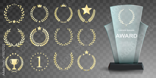 Glass award trophy set. Transparent prize template. Winner first place concept. Vector illustration. Winner glass trophy. First place award, crystal prize and signed acrylic trophies. Glass awarding t
