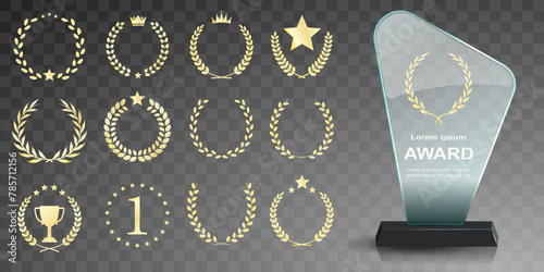 Glass award trophy set. Transparent prize template. Winner first place concept. Vector illustration. Winner glass trophy. First place award, crystal prize and signed acrylic trophies. Glass awarding t