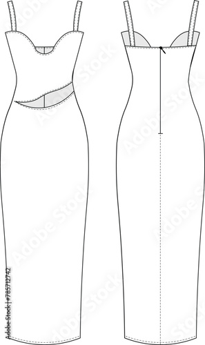 semi sweetheart neck sleeveless shoulder straps strappy low-cut long maxi midi zippered body-con dresstemplate technical drawing flat sketch cad mockup fashion woman design style model 