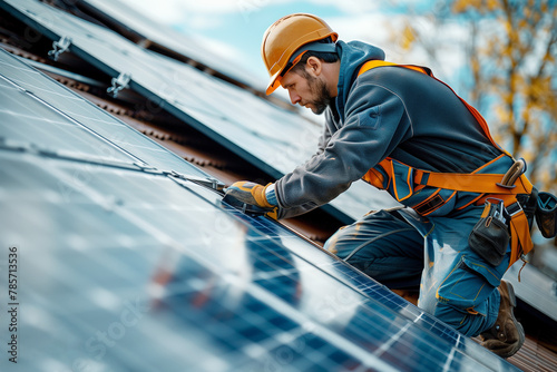 Specialist installs solar panels on the roof of a private house