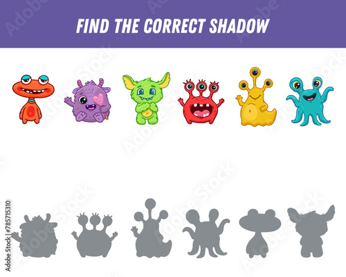 Find correct shadow of monsters, aliens. Educational logical game for kids. Space creature. Vector 