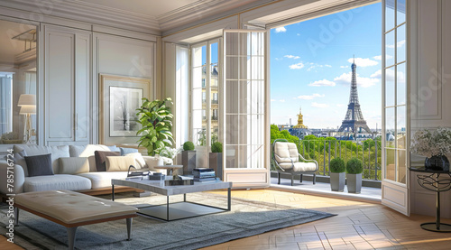A large, modern living room with a large window overlooking the Eiffel Tower in Paris