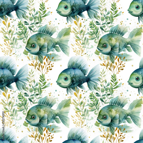 seamless pattern with watercolor fish in green and turquoise tones on a white background