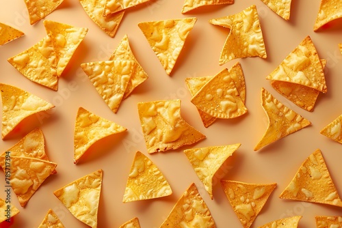 A seamless pattern of nachos, viewed from above, creates a visually appetizing and organized display. Nacho chips line up perfectly next to each other on neutral background. © Vagner Castro