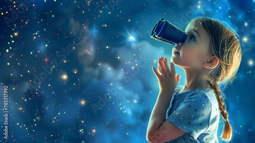 A young girl with binoculars searching the sky for shooting stars and making wishes. photo