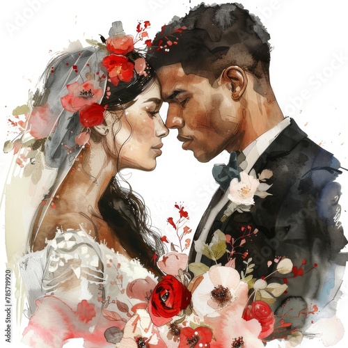 Watercolor painting of a bride and groom in a tender moment surrounded by white and red flowers. Multicultural wedding