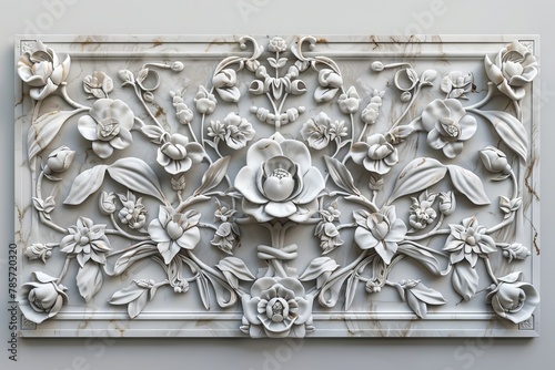 Intricate White Floral Plaster Relief on Wall photo