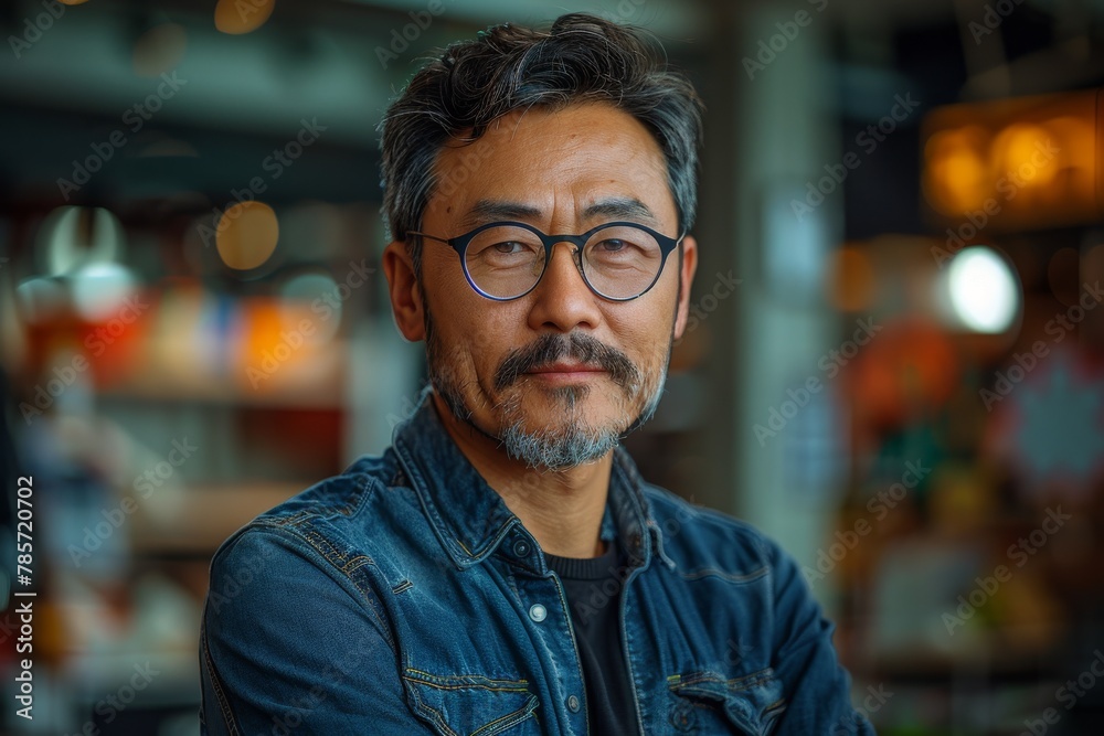 Fototapeta premium Confident middle-aged Asian man with gray hair and glasses standing indoors