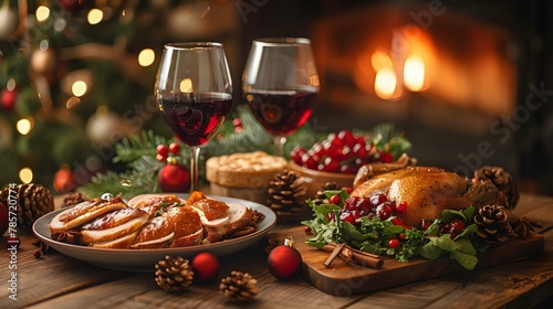 Festive Feast by Firelight  Turkey  Wine   Holiday Cheer. Concept Holiday Gathering  Festive Dinner  Winter Celebrations  Cozy Firelight  Food and Drink