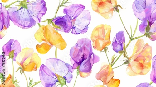 watercolor illustration of purple and yellow sweet pea flowers on a white background ,summer botanical pattern for background, wallpaper, fabric and textile