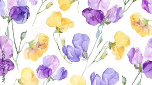 watercolor illustration of purple and yellow sweet pea flowers on a white background  summer botanical pattern for background  wallpaper  fabric and textile