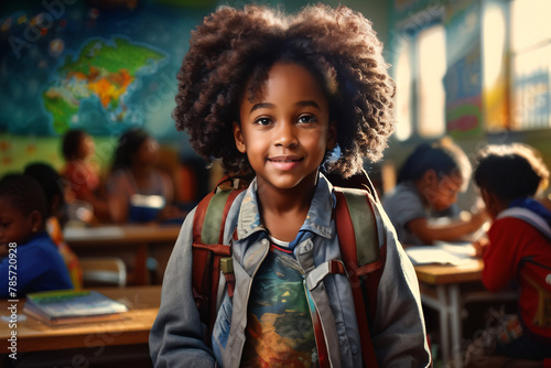 African American Kindergarten boy in school classroom for early education lecture concept