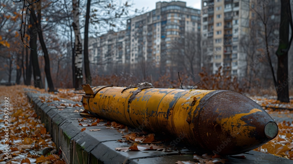 A post apocalyptic urban landscape, with a large, rusting rocket or missile lying amidst the debris and ruins of a war torn city. A post apocalyptic urban landscape, with a large, rusting rocket or missile lying amidst the debris and ruins of a war torn city.
