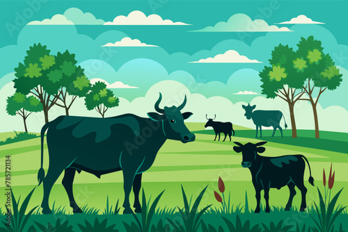 Cows Silhouettes In Different Poses Cow Grazing On Meadow