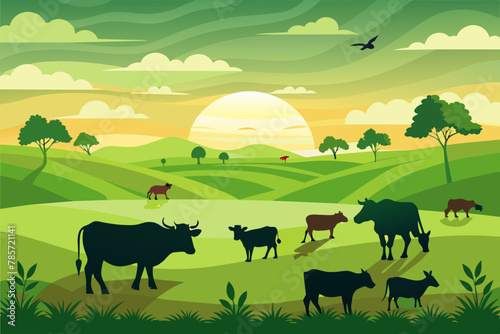 Cows Silhouettes In Different Poses Cow Grazing On Meadow