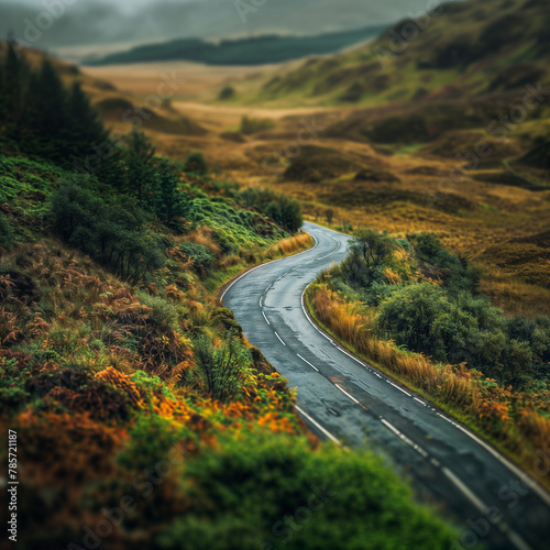 tilt shift winding road in the mountains