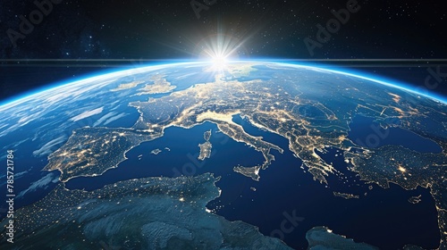 Sunrise over Europe seen from space, a majestic view highlighting the continent's interconnectedness and beauty.
