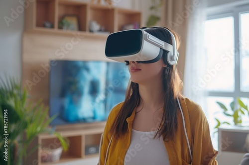 woman wearing vr headset while sitting on sofa at living room, the concept of using virtual reality technology in modern life
