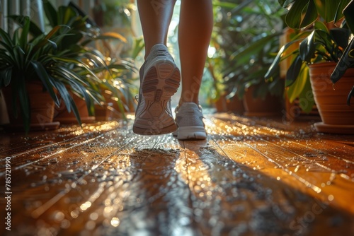A person walking on a wooden pathway wet from the rain, surrounded by lush potted plants in warm sunlight photo