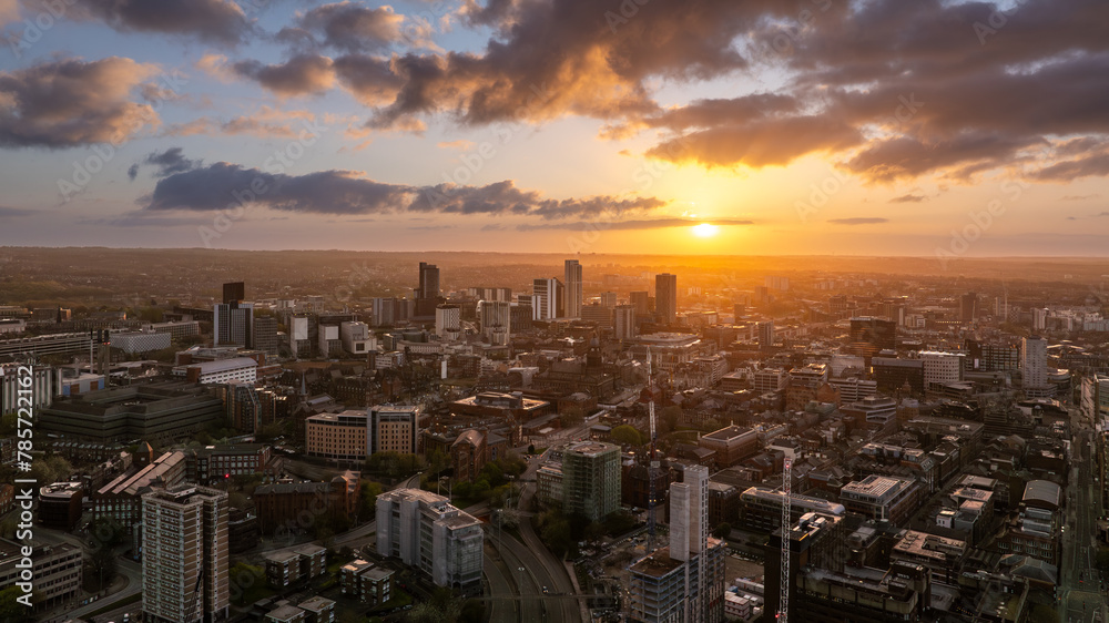 Capturing the City Centre of Leeds in all its glory, this drone image highlights the architectural span with Construction and Building during a stunning Sunrise