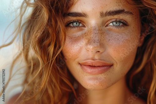 Intimate close-up of a woman with freckles wearing a sunhat, exemplifying natural beauty and summer vibes © Larisa AI