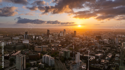 Capturing the City Centre of Leeds in all its glory, this drone image highlights the architectural span with Construction and Building during a stunning Sunrise photo