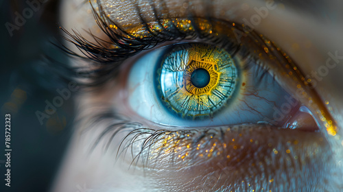 A close-up of a person's eye with a clock in it, Large yellow green eye depicting evil eye 