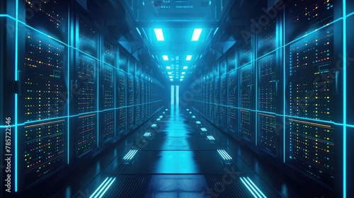 A parallel row of servers, adorned in electric blue, fills a technology-driven data center hallway with a symmetrical display of power and Azure technology. AIG41