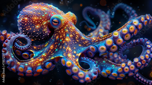 Vividly colored octopus gliding in a dark marine setting. © connel_design