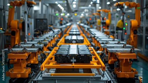 High-Tech EV Battery Production Line. Concept Automotive Industry, Electric Vehicles, Battery Technology, Manufacturing Process, Sustainable Energy