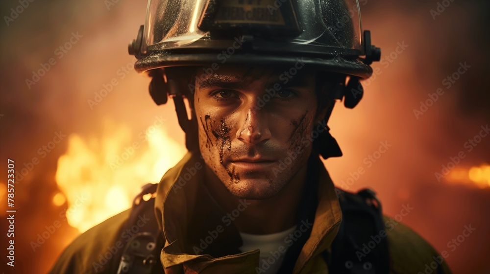 Against a backdrop of smoke and fire, a fearless firefighter embodies bravery in its purest form. Against a backdrop of smoke and fire, a fearless firefighter embodies bravery in its purest form.