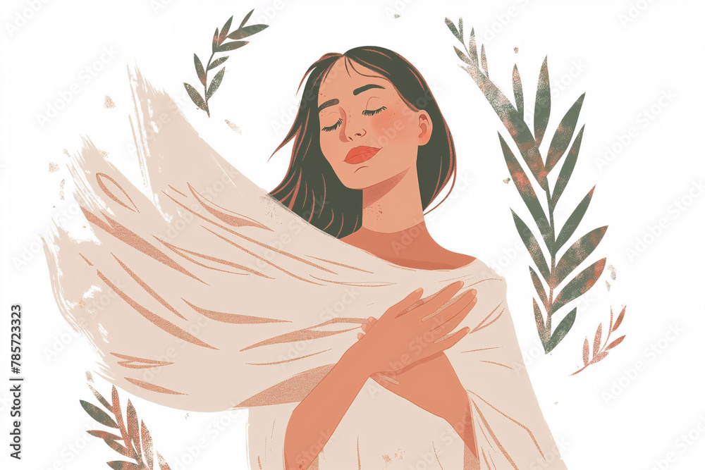 Beautiful woman with closed eyes and hands on her chest, with emotion of peace and calmness Beautiful woman with closed eyes and hands on her chest, with emotion of peace and calmness